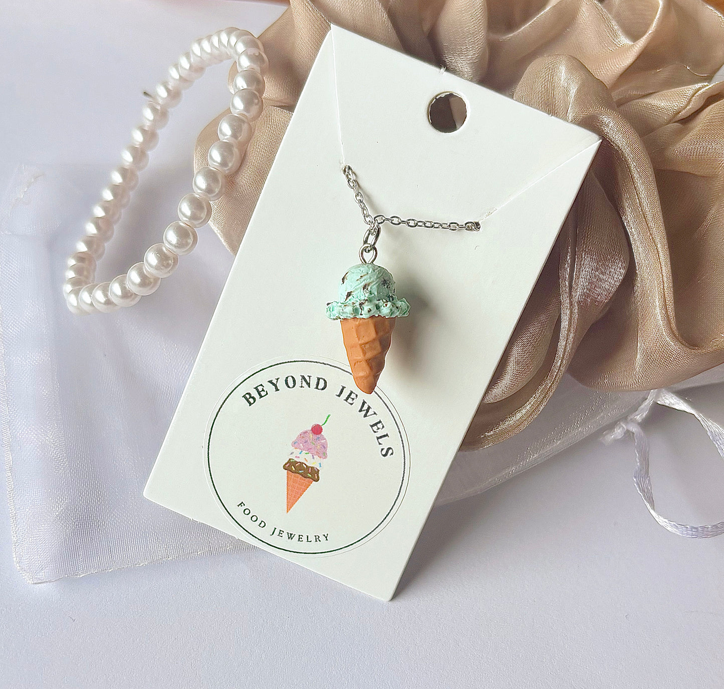 Mint Chocolate Chip Ice Cream Cone Necklace