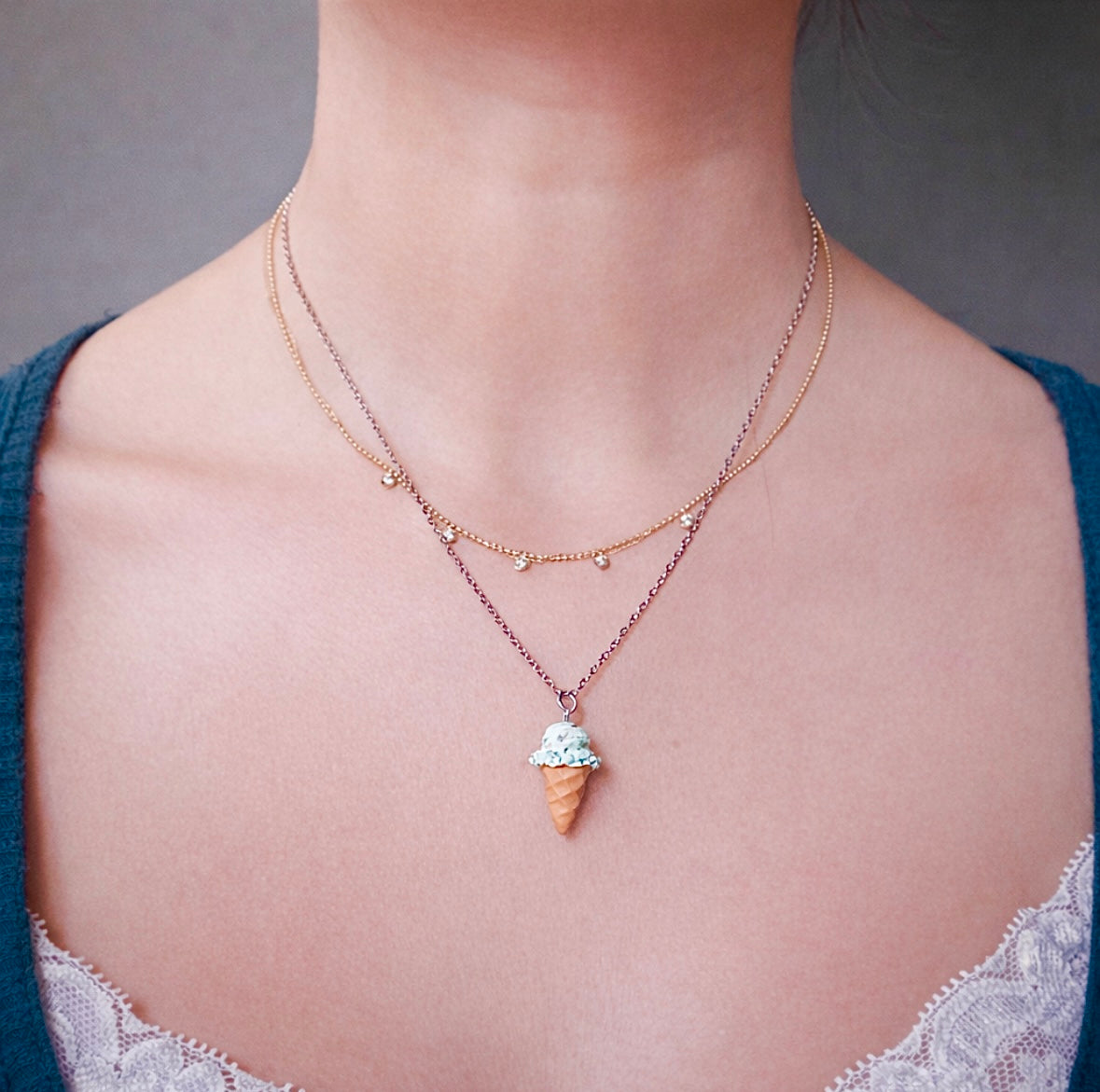 Mint Chocolate Chip Ice Cream Cone Necklace