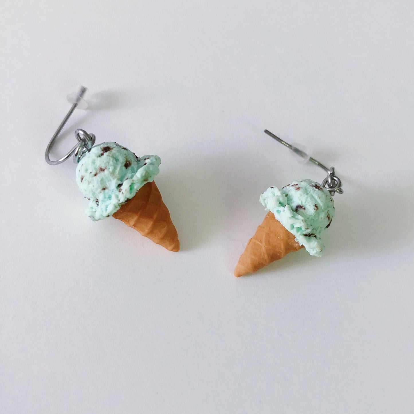 Mint Chocolate Chip Ice Cream Cone Earrings, Handmade With Polymer Clay, Cute Gift, Fun Dangling Earrings- No Irritation for Sensitive Ears