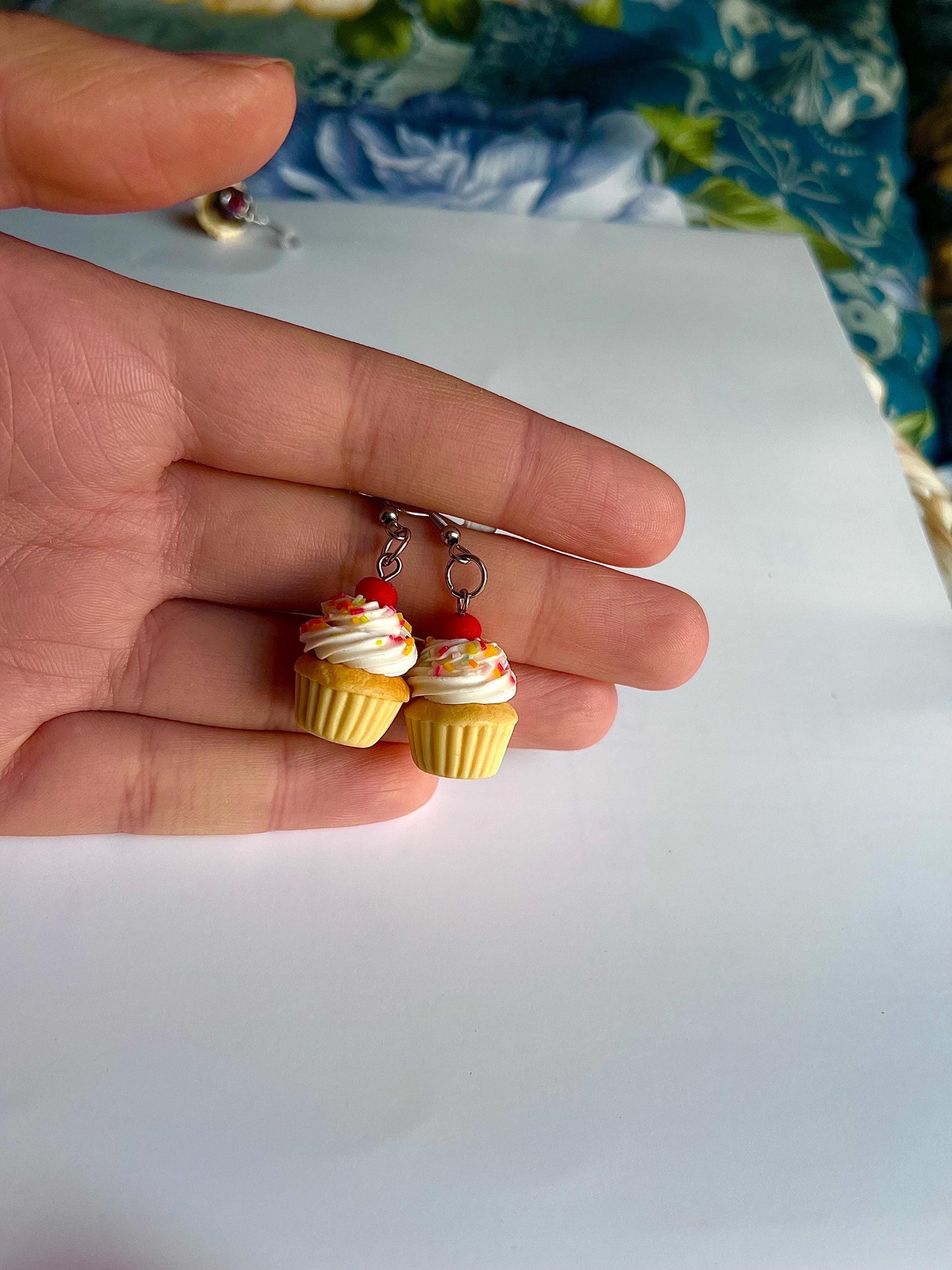 Vanilla Birthday Cupcake Dangle Earrings with Rainbow Sprinkles- Hypoallergenic, No irritation for sensitive ears